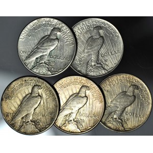 USA, 1 dolar 1922-1923, typ Peace zestaw 5 szt.