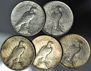 USA, 1 dolar 1922-1923, typ Peace zestaw 5 szt.