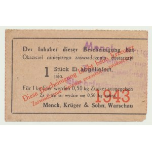 Occupation, Menck, Kruger &amp; Sohn, Warschau, 1 egg 1943, delivery and exchange receipt for sugar