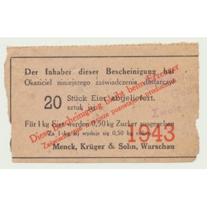 Okupace, Menck, Kruger &amp; Sohn, Varšava, 20 vajec 1943, potvrzení o dodání a výměně cukru.