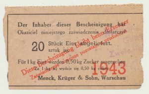 Okupace, Menck, Kruger & Sohn, Varšava, 20 vajec 1943, potvrzení o dodání a výměně cukru.
