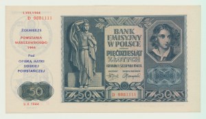 50 Zloty 1941, Serie E, Überdruck 1994 im Zusammenhang mit dem Warschauer Aufstand, Prägung 97 Stück, selten