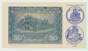 50 Zloty 1941, Serie E, Überdruck 1994 im Zusammenhang mit dem Warschauer Aufstand, Prägung 97 Stück, selten