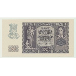20 złotych 1940, awers, bez serii oraz numeracji, ukończony ze znakiem wodnym