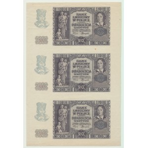 20 zloty 1940, senza serie e numeratore, foglio non tagliato 3 esemplari