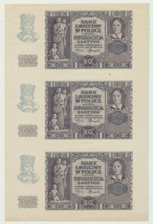 20 złotych 1940, bez serii i numeratora, arkusz nierozcięte 3 egzemplarze