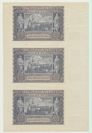 20 zl. 1940, bez série a číslovače, nerozřezaný arch 3 výtisky