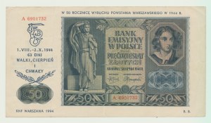 50 złotych 1941, Seria A, nadruk 1994 zw. z Powstaniem Warszawskim , rzadkość