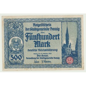 Gdaňsk, 500 marek 1922, bez série, nízké č. 001636