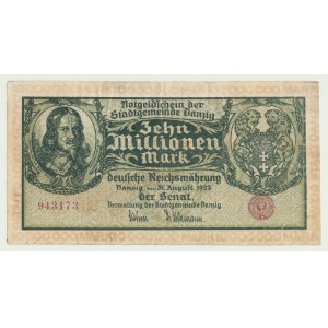 Gdańsk, 10 milionów marek 1923, bez serii, druk nieobrócony