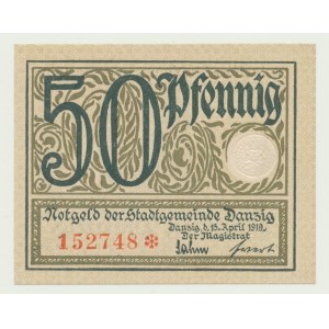 Danzig, 50 fenig 1919, zelený vzácnější tisk