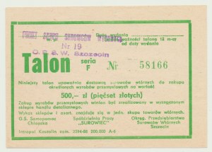 Talon na průmyslové zboží, 500 zlotých 1988, ser. F 58166, Štětín
