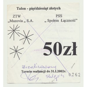 50 zl 2002, darčekový poukaz Społem, č. 0362, Tomaszów Mazowiecki, B. RZADKIE