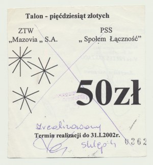 50 złotych 2002, Talon upominkowy Społem, nr.0362, Tomaszów Mazowiecki, B. RZADKIE