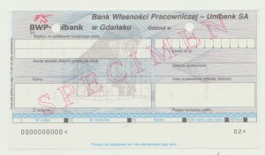 BWP Unibank SA, šek, SPECIMEN 0000000000