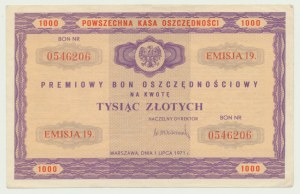 Bonus-Sparschein über 1000 Zloty 1971, Ausgabe 19, hoher Nennwert, selten