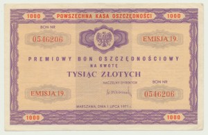 Buono di risparmio bonus da 1000 zloty 1971, emissione 19, taglio alto, raro