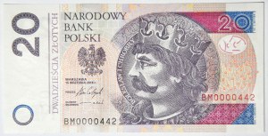 20 złotych 2016, ser. BM 0000442, niski numer, cztery zera na początku