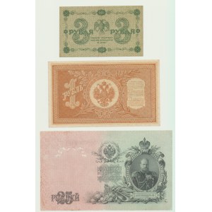 Russland, 3 Rubel 1918, 1 Rubel 1898, 25 Rubel 1909, Satz zu 3 Stück.