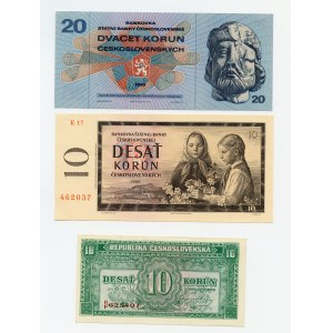 Tschechoslowakei, Satz von 3 Stück, 20 Kronen 1970, 10 Kronen 1960, 10 Kronen 1945
