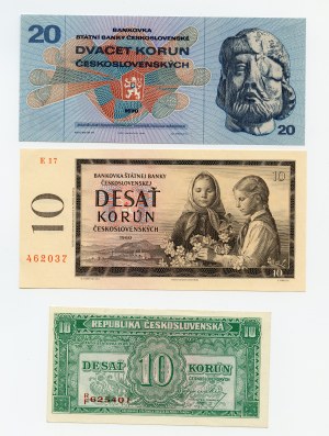Československo, sada 3 kusů, 20 korun 1970, 10 korun 1960, 10 korun 1945