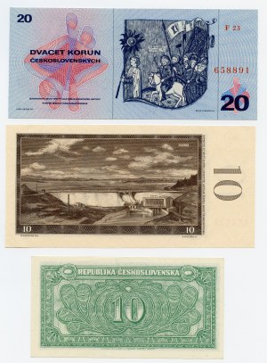 Tschechoslowakei, Satz von 3 Stück, 20 Kronen 1970, 10 Kronen 1960, 10 Kronen 1945