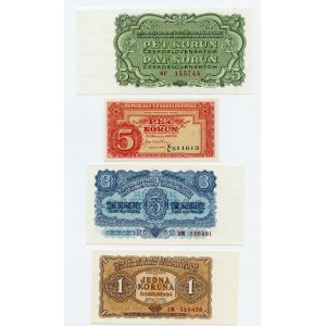 Československo, sada 4 kusov, 5 korún 1961, 5 korún 1945 Vzor, 3 koruny 1953, 1 koruna 1953