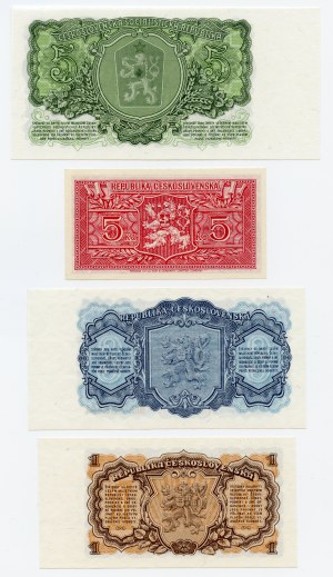 Tschechoslowakei, Satz von 4 Stück, 5 Kronen 1961, 5 Kronen 1945 Muster, 3 Kronen 1953, 1 Krone 1953