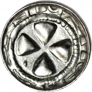 Křížový denár 11. století, kříž s koulemi/křížem, VÝJIMEČNÝ