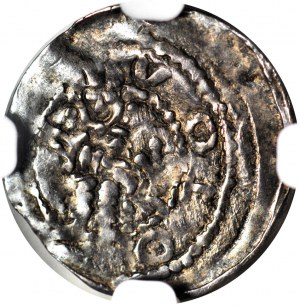 RR-, Przemysław I e Boleslaw il Pio, Denario 1253-1257, Poznań, Vescovo/Principe