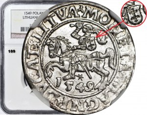 Sigismund II. Augustus, Halbpfennig 1549, Vilnius, Münzstätte, kleine Verfolgung, einfacher Schild