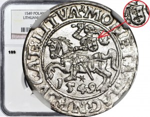Sigismondo II Augusto, Mezzo penny 1549, zecca di Vilnius, piccolo inseguimento, scudo semplice