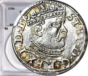 R-, Stefan Batory, Trojak 1586, Riga, großer Kopf, selten, Münze