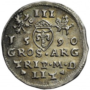 R-, Sigismondo III Vasa, Trojak 1590, Vilnius, stemma di Leliwa sotto il busto, rara