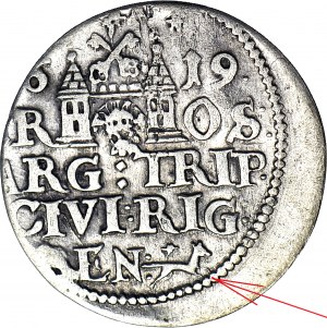 R-, Sigismund III Vasa, Trojak 1619, Riga, MIT LIS, T.3 mk, selten