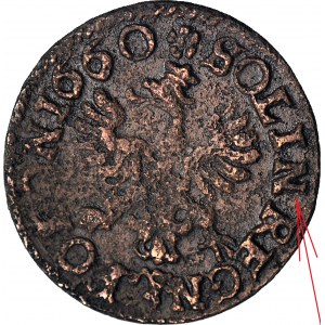 RRR-, Jan Kazimierz, Szeląg koronny 1660, Ujazdów, SOLIN przez N, zamiast SOLID
