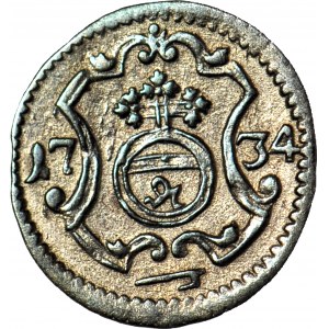 RR-, August III Sas, Halerz 1734 IGS, b. ładny i b. rzadki pierwszy rocznik, jedyny z IGS