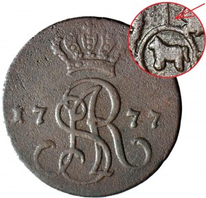 RRR-, Stanislaw A. Poniatowski, 1777 EB penny, Warsaw, without crown over Ciołek, c.a..