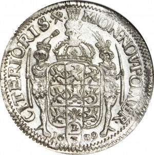 R-, Pomořansko, Karel XI, 2/3 tolaru (Gulden) 1689 ILA, Štětín, VYNIKAJÍCÍ