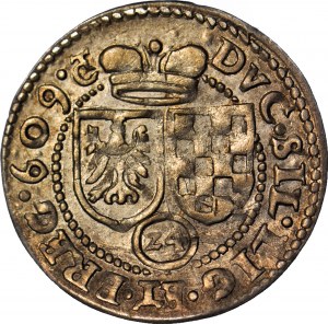 RRR-, Sliezsko, Jan Chrystian a Jiří Rudolf, 3 krajcary, 1609 Ct, Zloty Stok, veľmi vzácne