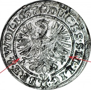 RR-, Slezsko, Tři bratři, 3 krajcary 1657, Brzeg, bez E-W, mincovna, NEZNÁMÝ!