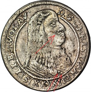 RR-, Slesia, Chrystian Wołowski, 15 krajcars 1663, Brzeg, baffi attorcigliati, due (anziché tre) stelle sulla veste
