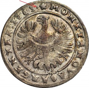 RR-, Silesia, Chrystian Wołowski, 15 krajcars 1663, Brzeg, moustache torsadée, deux (au lieu de trois) étoiles sur la robe.