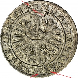 RRR-, Slesia, Chrystian Wołowski, 15 krajcars 1664, Brzeg, anelli invece di punti, NIENOTATO