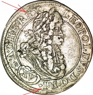 R-, Silésie, Léopold Ier, 15 krajcars 1694 CB, BRZEG, B.REX/ DG.R.I.?AV, rare