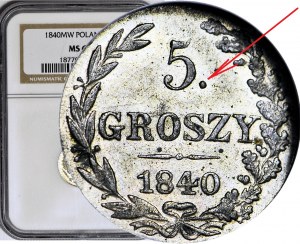 R-, Regno di Polonia, 5 groszy 1840, punto dopo il taglio