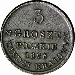 Królestwo Polskie, 3 grosze 1826 IB, z MIEDZI KRAIOWEY, oryginalne bicie