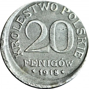 RR-, Królestwo Polskie, 20 fenigów 1918, wielkie przesunięcie