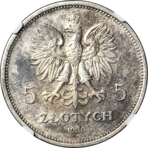 RRR- 5 złotych 1930, HYBRYDA, awers GŁĘBOKI SZTANDAR,