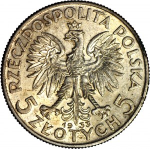 5 oro 1933, Testa, coniato